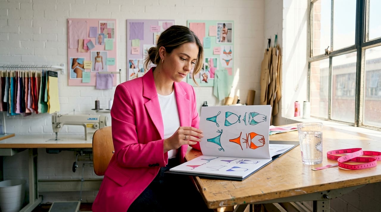 Designer reviewing thong bikini sketches in studio