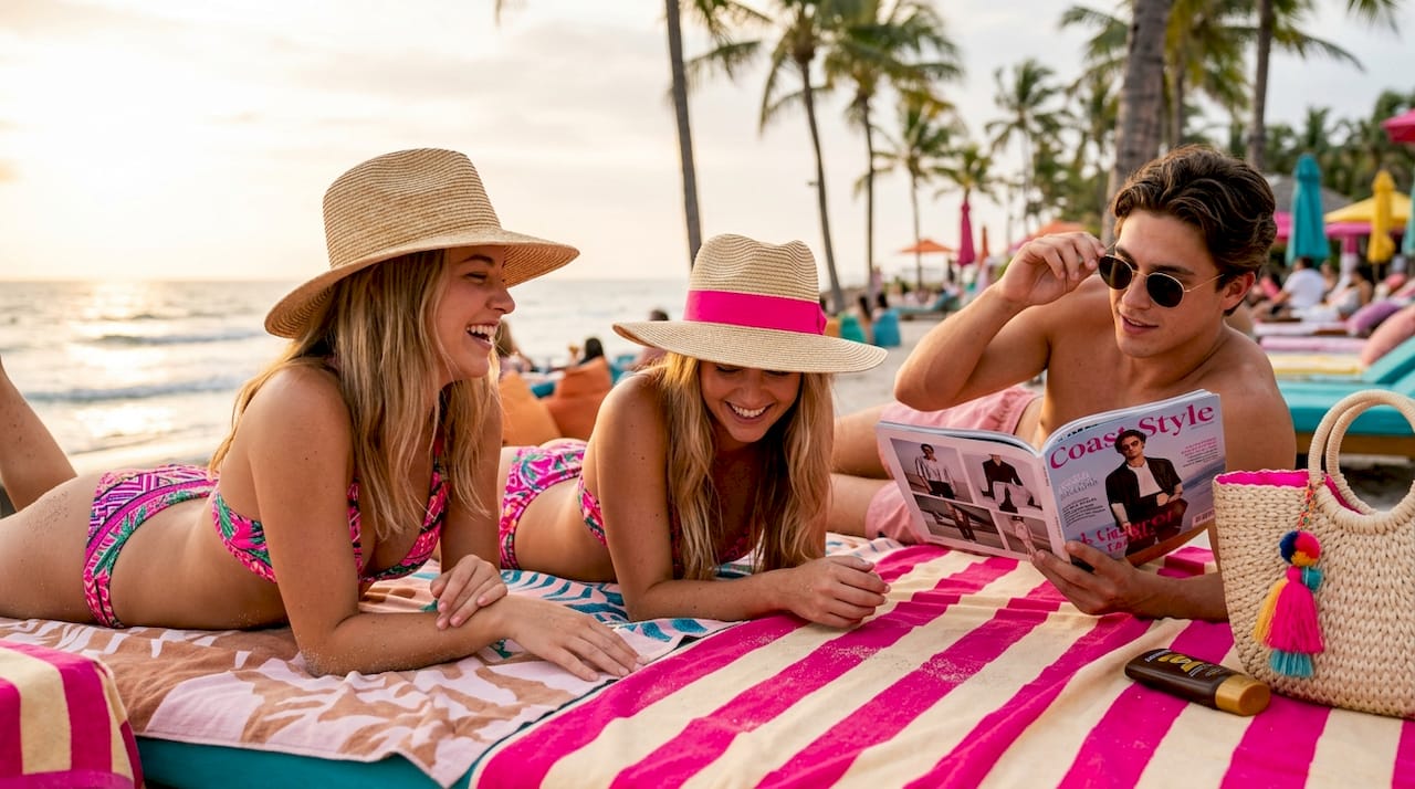 Friends lounging on city beach in trendy bikinis