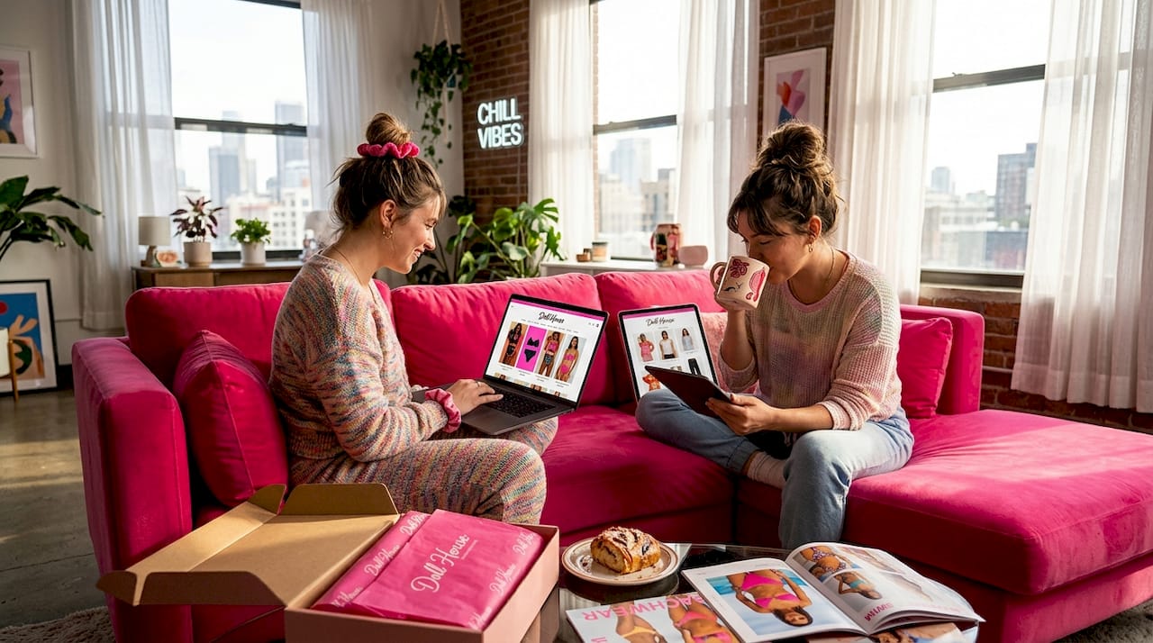 Two women shopping for fashion alternatives on sofa