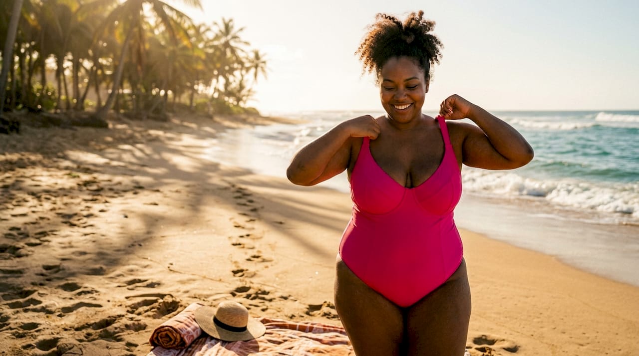 Plus size woman in pink swimsuit at beach
