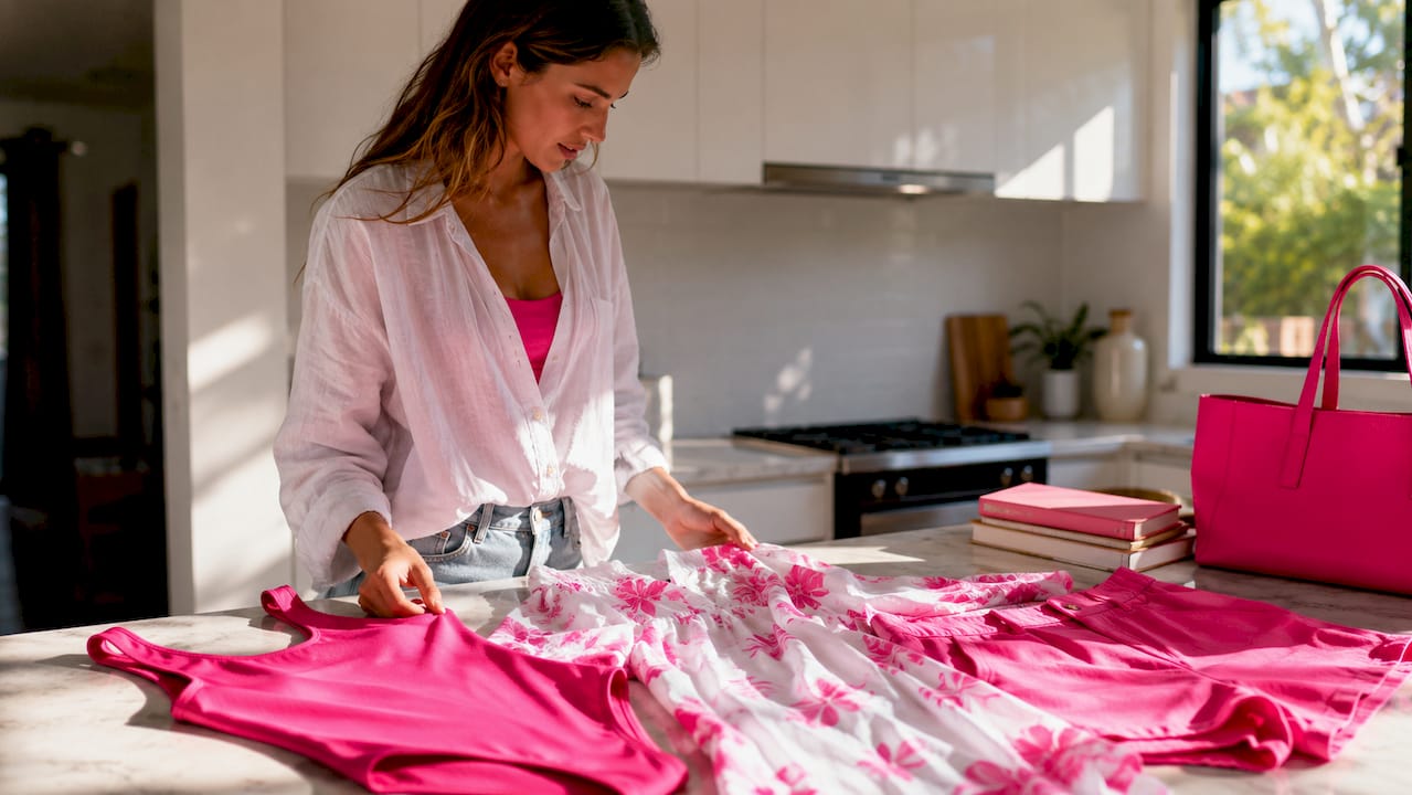 Woman planning versatile swimwear outfits