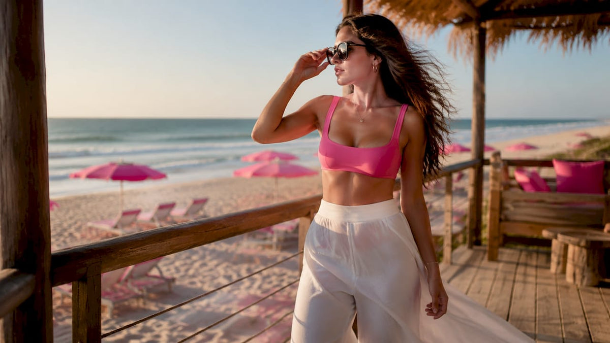 Woman wearing swimwear top as casual outfit on rooftop