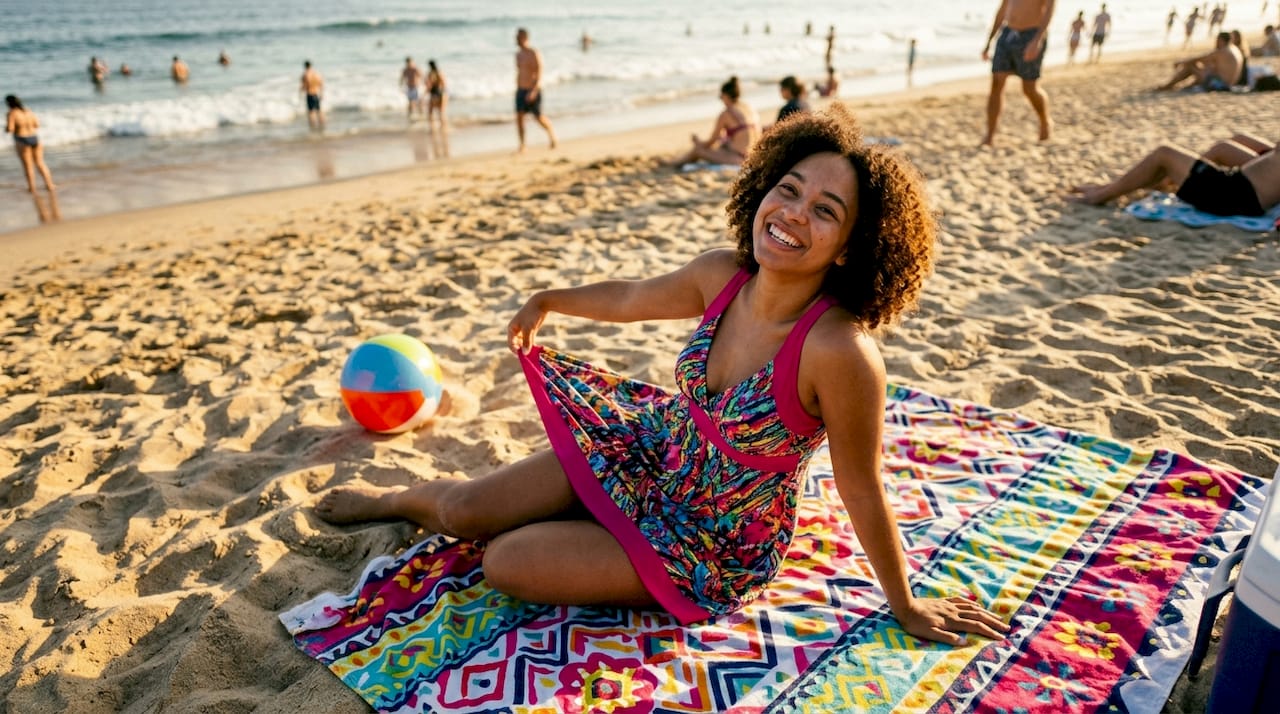 Woman adjusting swim dress on beach boardwalk