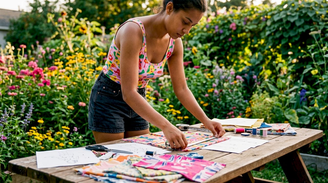 Woman measuring fabric to order custom swimwear