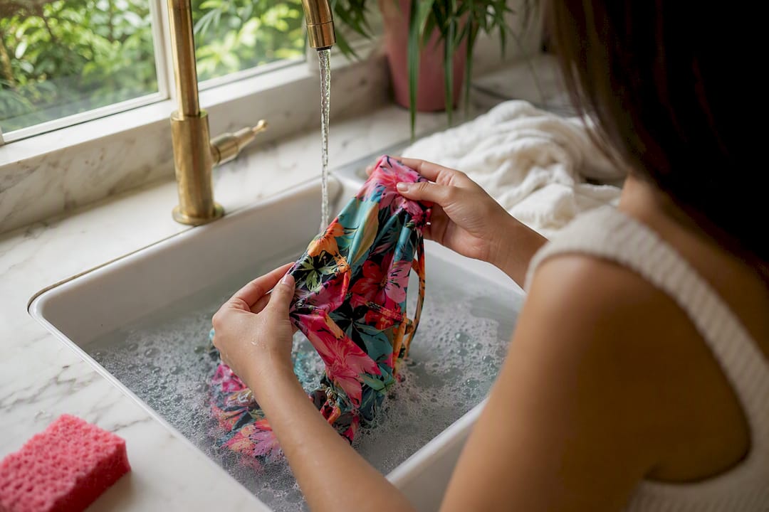 Hands rinsing swimsuit in basin