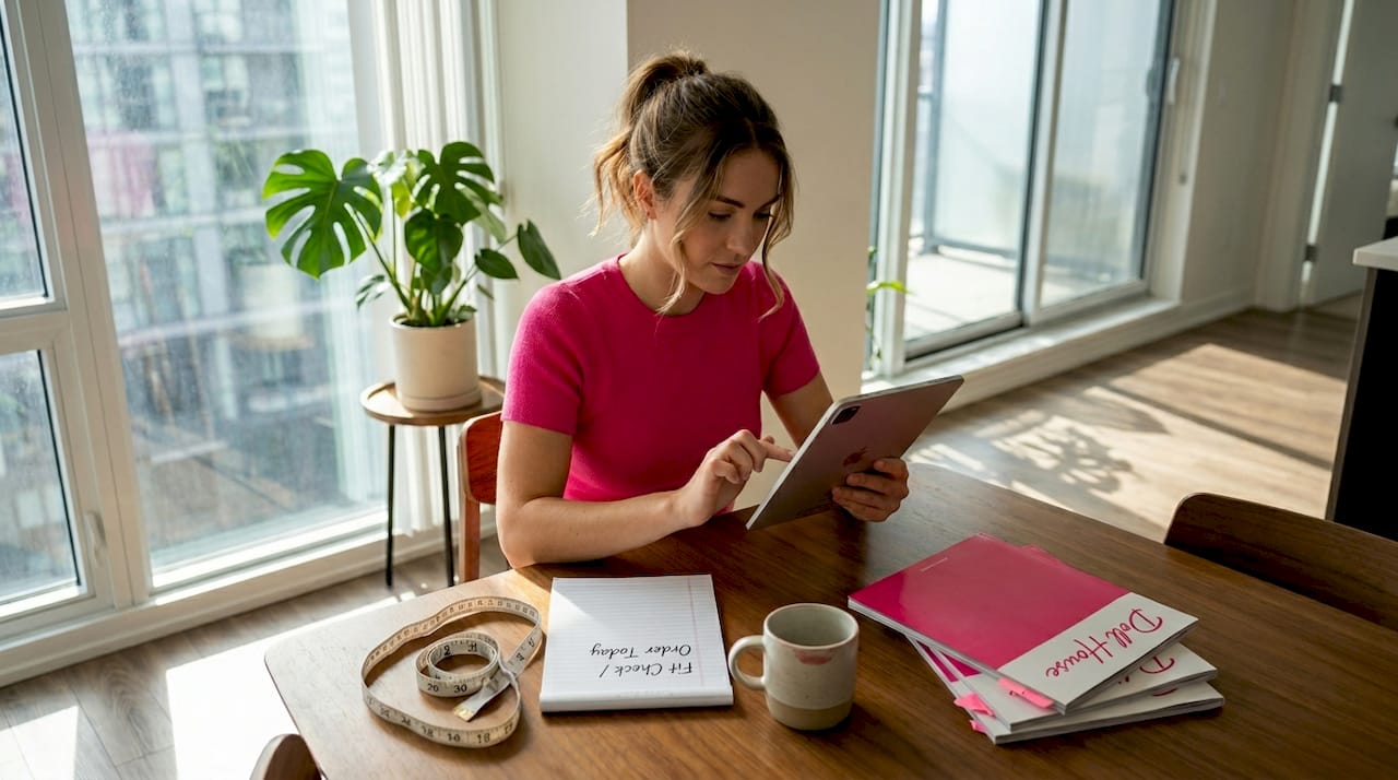 Woman shopping for bikinis at home table