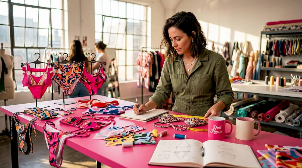 Designer comparing bikini tops and bottoms in studio