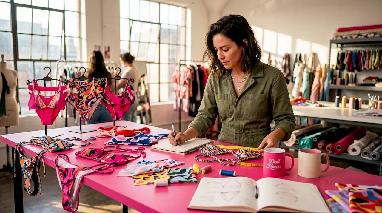 Designer comparing bikini tops and bottoms in studio