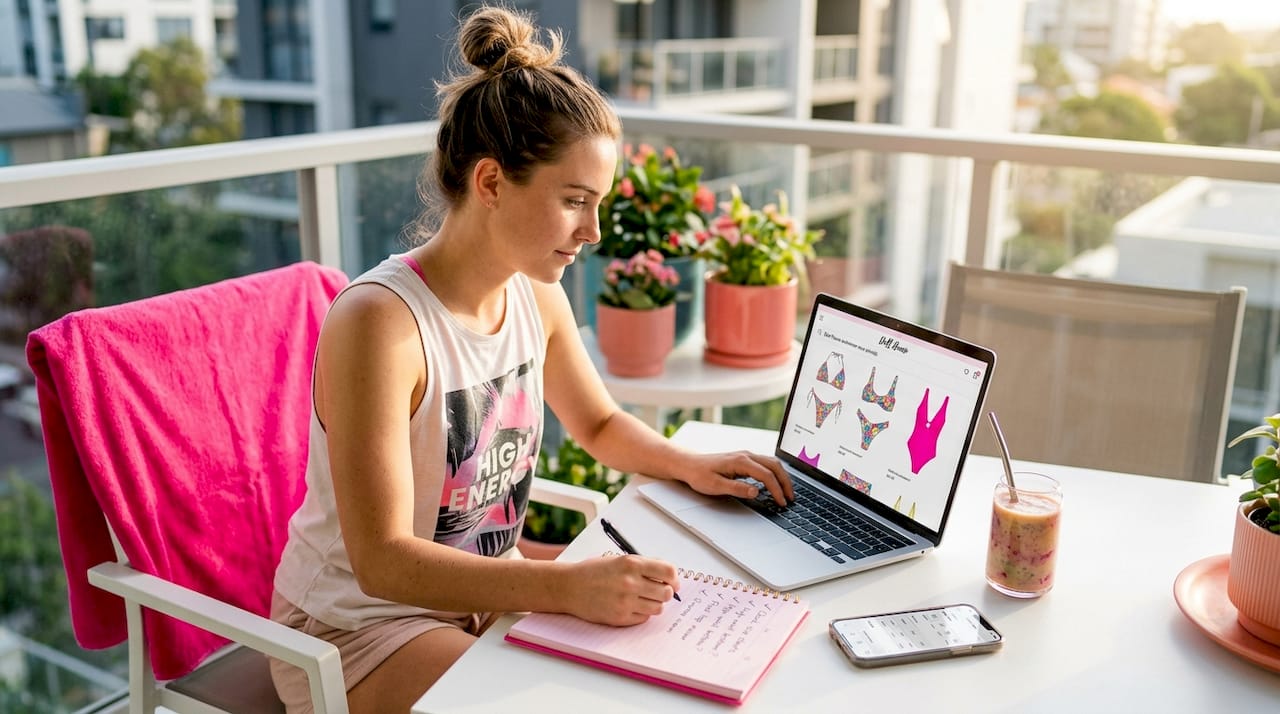 Woman browsing swimwear online at home
