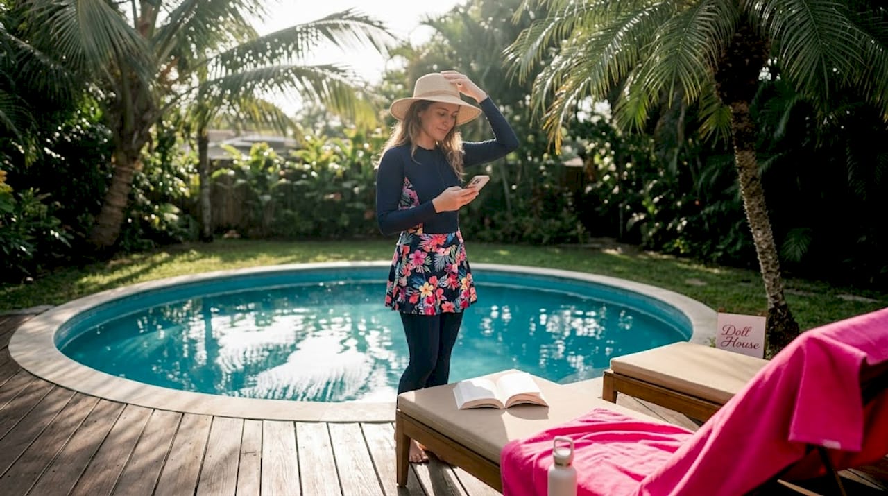 Woman in modest swimwear adjusting sun hat by pool