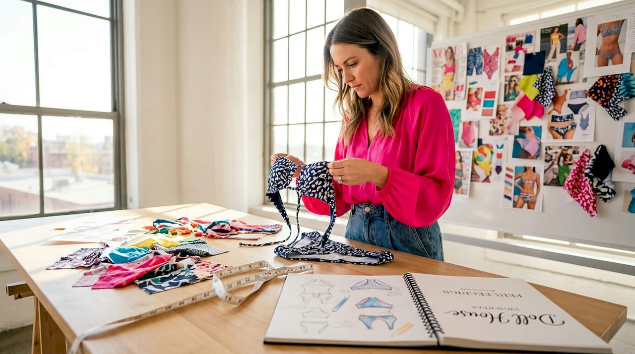 Designer inspects swimwear with premium fabrics