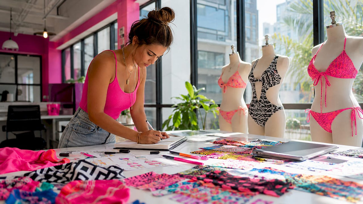 Fashion designer sketching swimwear patterns in studio