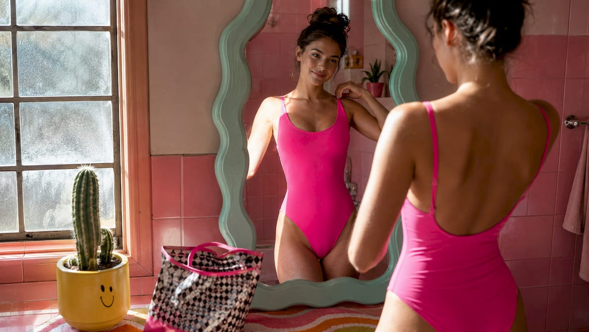 Woman adjusting seamless swimsuit in studio mirror