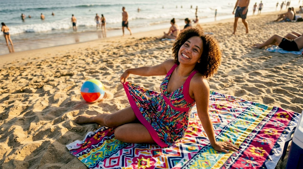 Woman adjusting swim dress on beach boardwalk