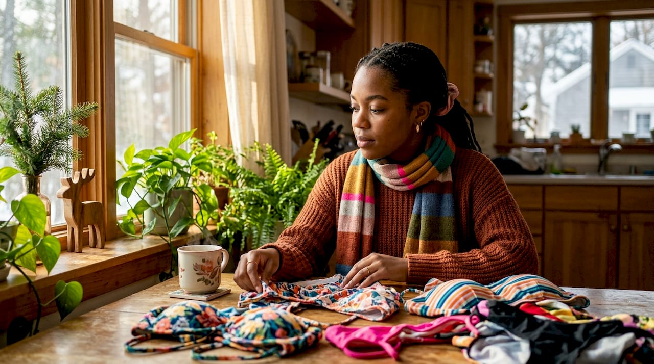 Woman examining swimwear indoors in winter