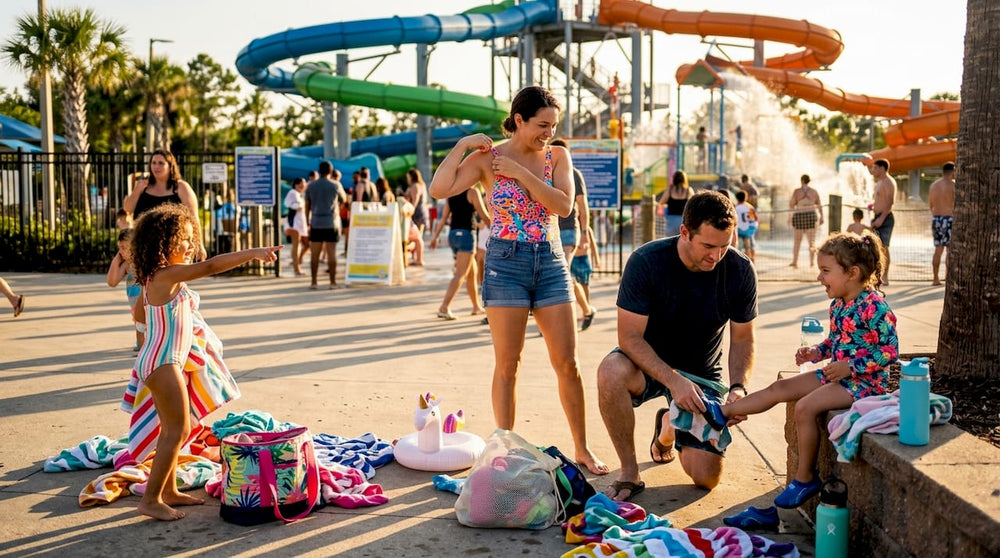 Family in active water park swimwear at park entrance
