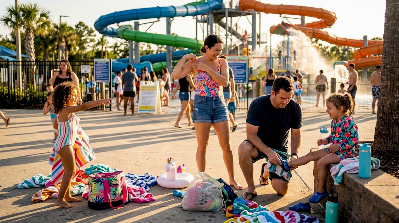 Family in active water park swimwear at park entrance