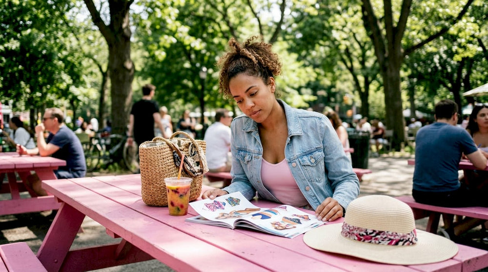 Woman reviewing fashion bikini catalog at outdoor cafe