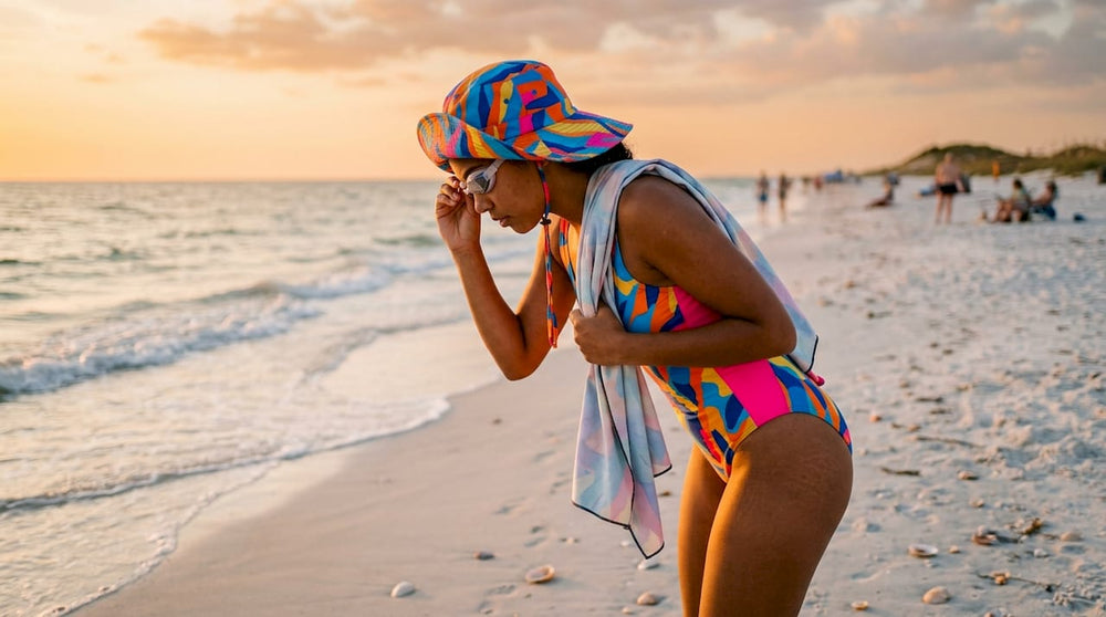 Woman adjusting goggles wearing quick-dry swimsuit on beach