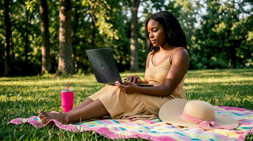 Woman shopping swimwear online at home