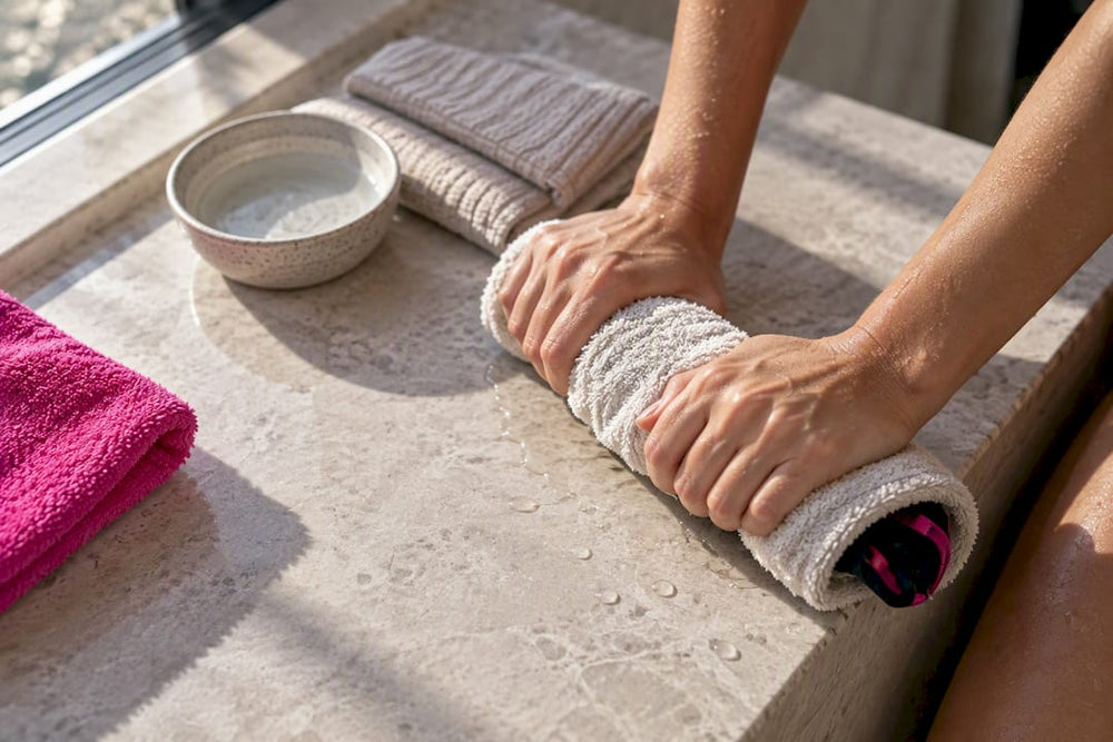 Hands pressing wet swimwear fabric in towel