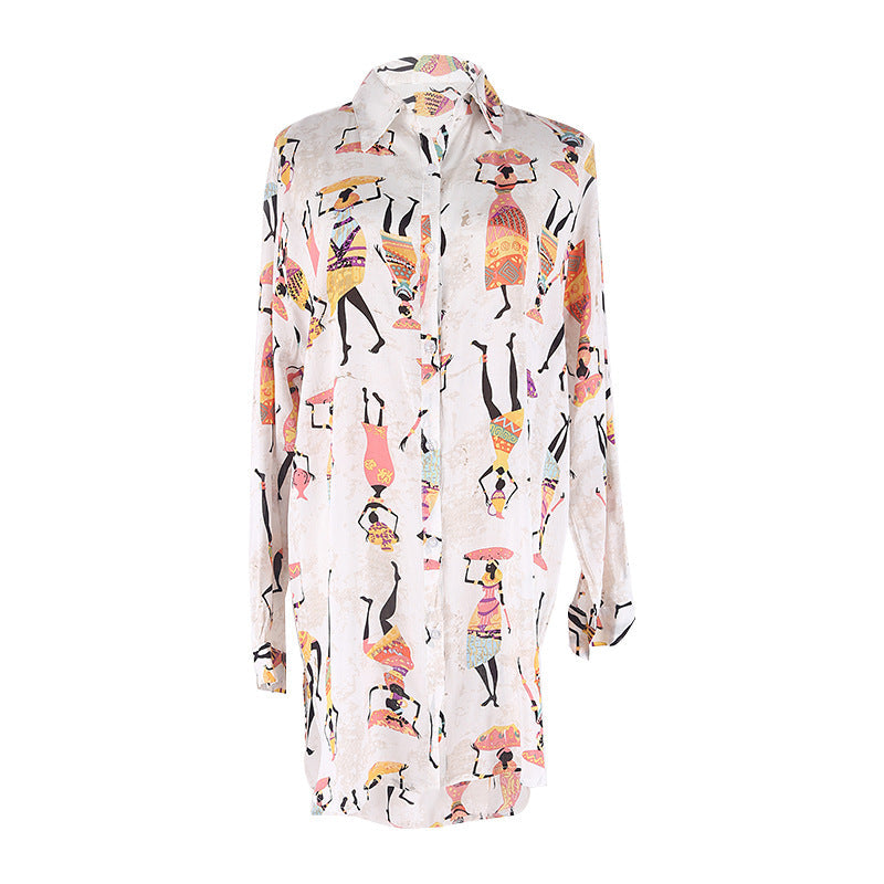 Cartoon Pattern Shirt Loose Long Sleeve Beach Cover Up Cardigan