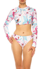 TWO PIECE FLORAL LONG SLEEVE SLEEK CUT OUT BIKINI