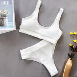 Fors Ribbed Solid Blue Sport High Waist Vintage High Cut Set Padded Bathing Suit Bikini Bottom