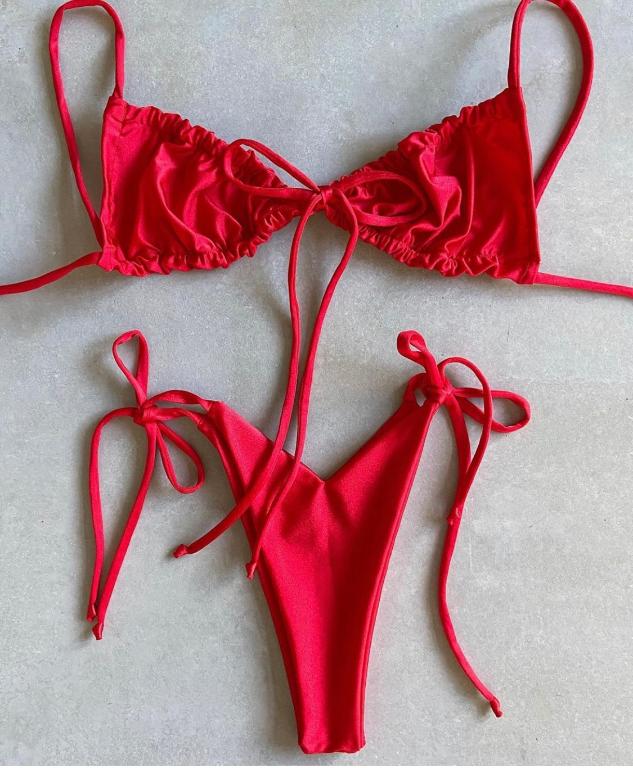 Pleated High Cut Triangle Set Knot Brazilian Bathing Suit Micro Beach Wear Bikini Top