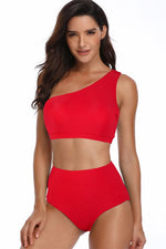 Solid Two Pieces One Shoulder High Cut Swimsuit