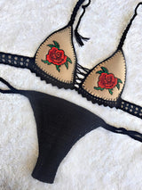 Crochet Embroidery Rose High Elastic Embroidered Bikini Set