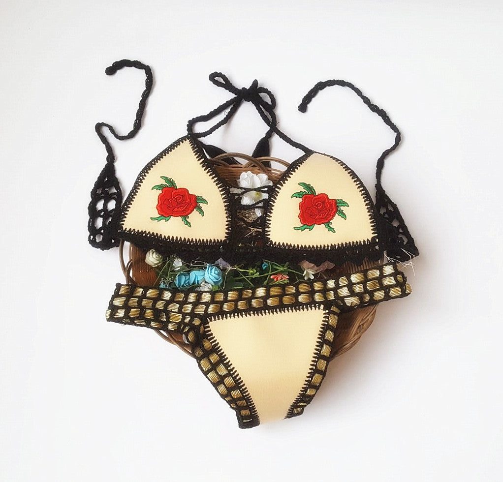 Crochet Embroidery Rose High Elastic Embroidered Bikini Set
