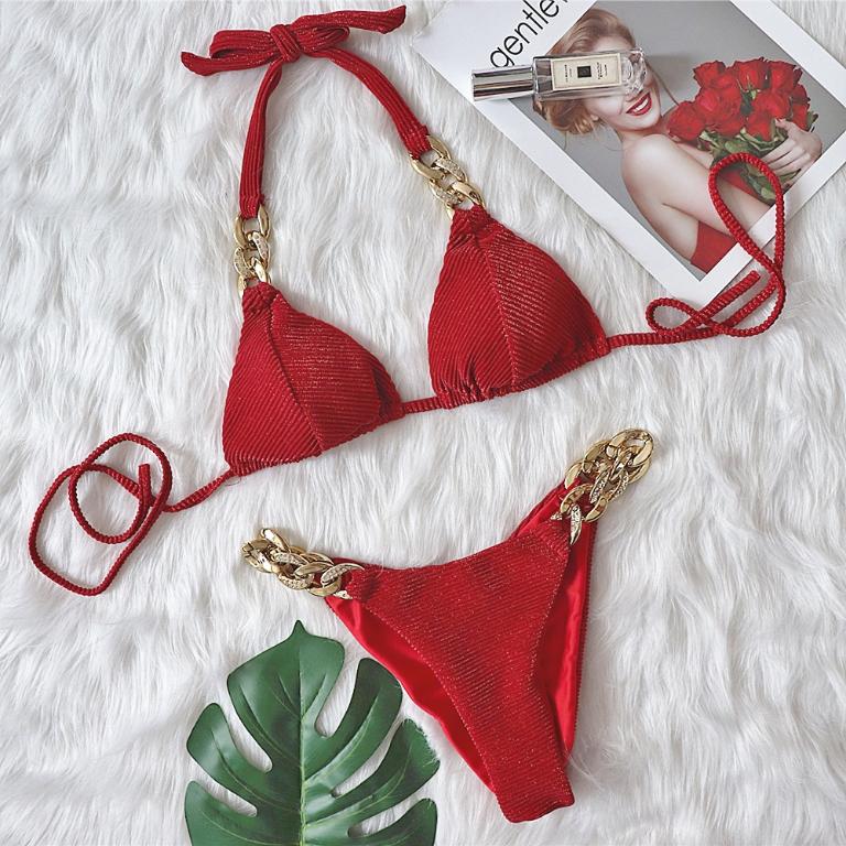 Halter Retro Bikinis Triangle Diamond Chain Bathing Suits De Bikini Top