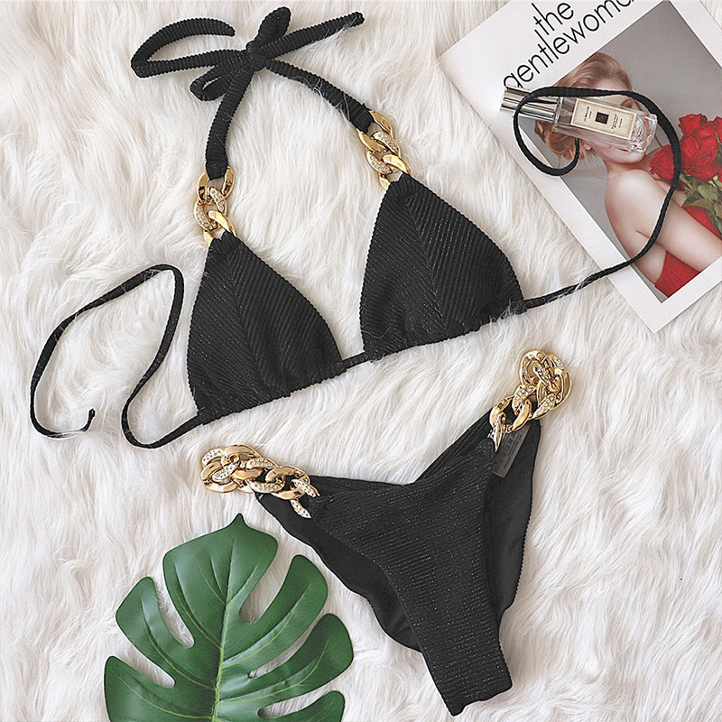 Halter Retro Bikinis Triangle Diamond Chain Bathing Suits De Bikini Top