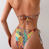 Halter Buckle Exposed Back High Waist Printed Bikini Bottom