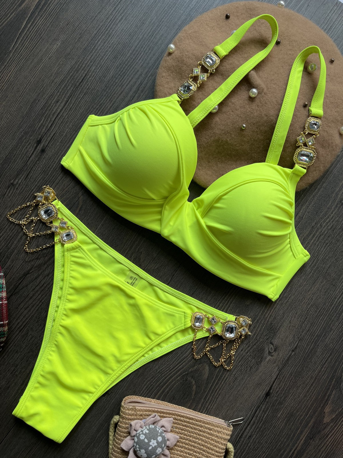 Gathering Steel Bracket Solid Bikini Crystal Diamond Beach Clothing