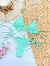 Fresh Solid Ruffles Chain Strap Bikini Set