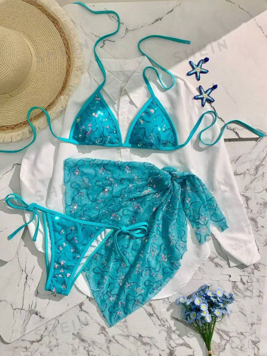 Blue Sequined Spaghetti Strap Halter Beach Bikini Top