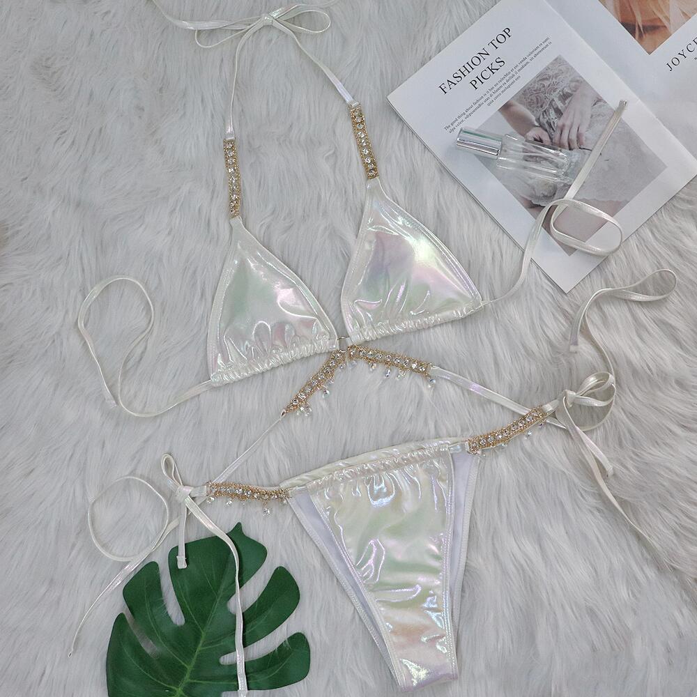 Crystal Diamond Bronzing Strap Bikini Set