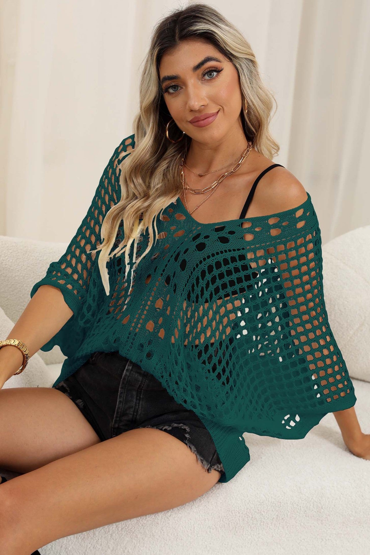 Bikini Cover Up Blouse Clothing Hollow Out Cutout Woven Shirt Batwing Sleeve Loose Top
