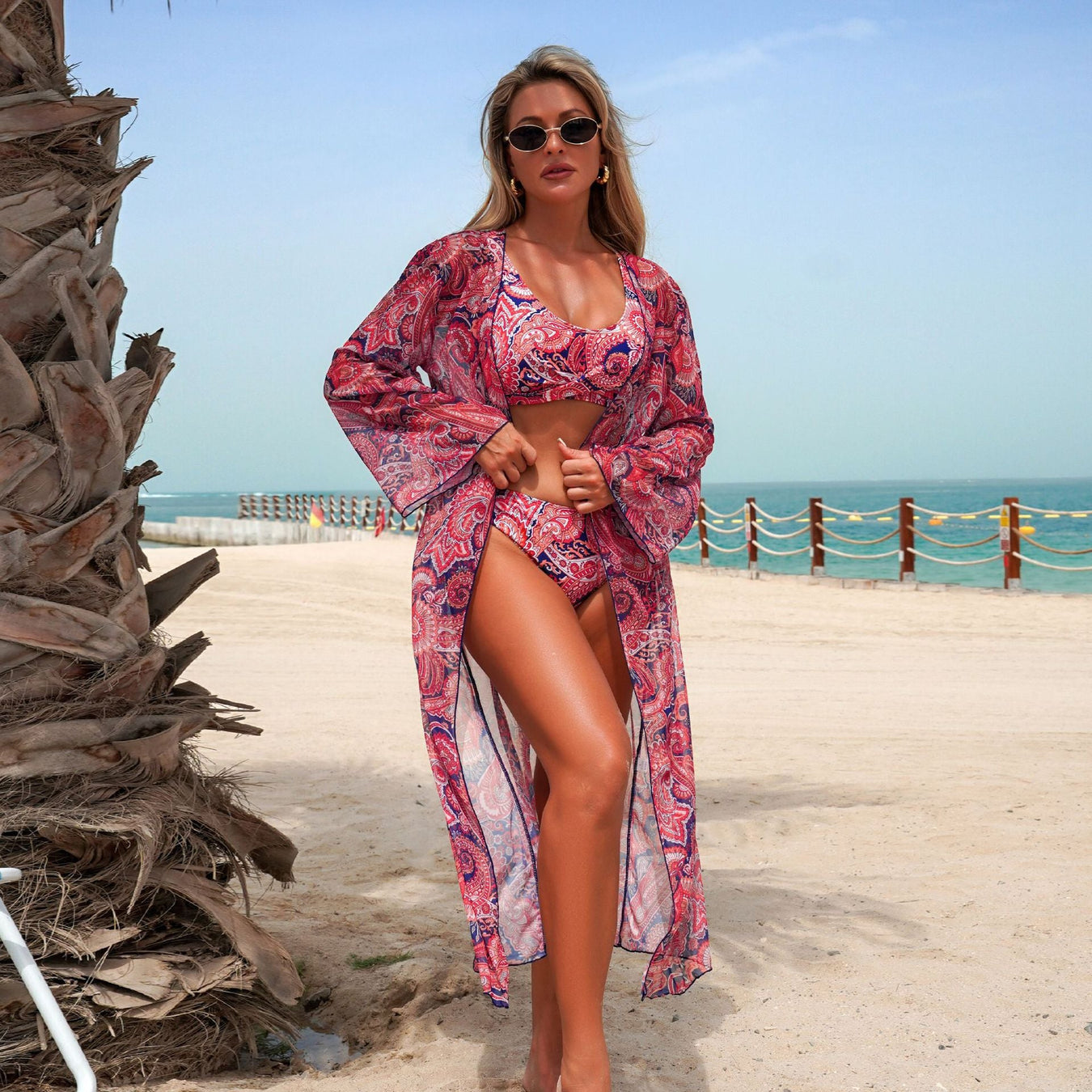 's Sets Cashew Print Long Sleeve Blouse Bikini