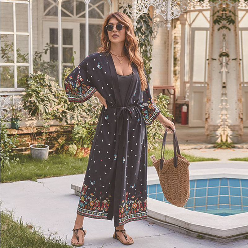 Rayon Positioning Print Cardigan Long Beach Jacket Bikini Cover Up Blouse
