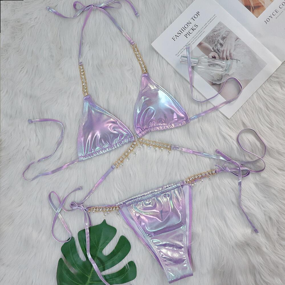 Crystal Diamond Bronzing Strap Bikini Set