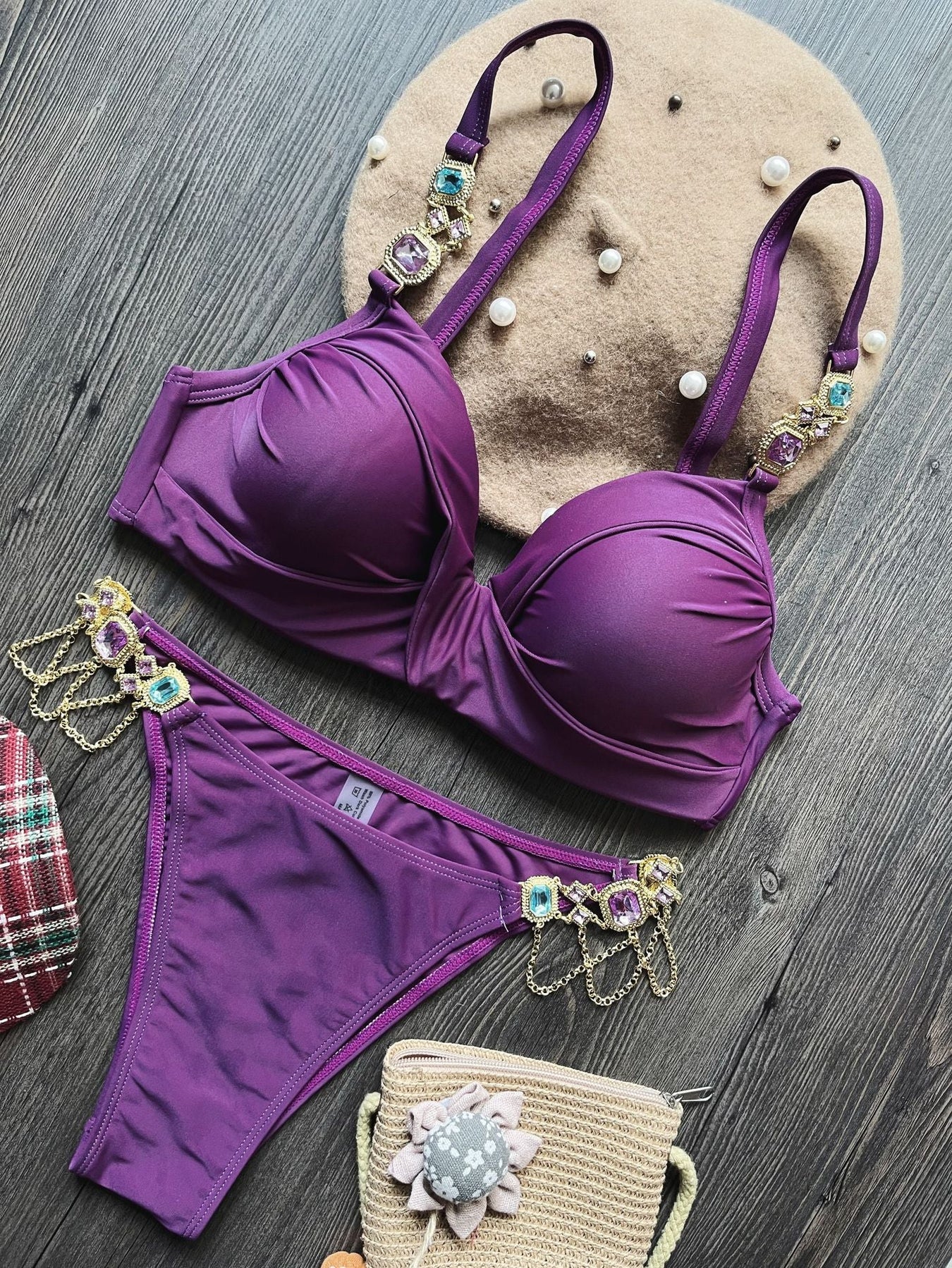 Gathering Steel Bracket Solid Bikini Crystal Diamond Beach Clothing