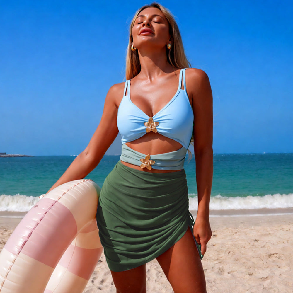 Color Matching Mesh Bikini One Piece Swimsuit