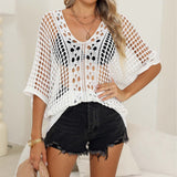 Bikini Cover Up Blouse Clothing Hollow Out Cutout Woven Shirt Batwing Sleeve Loose Top