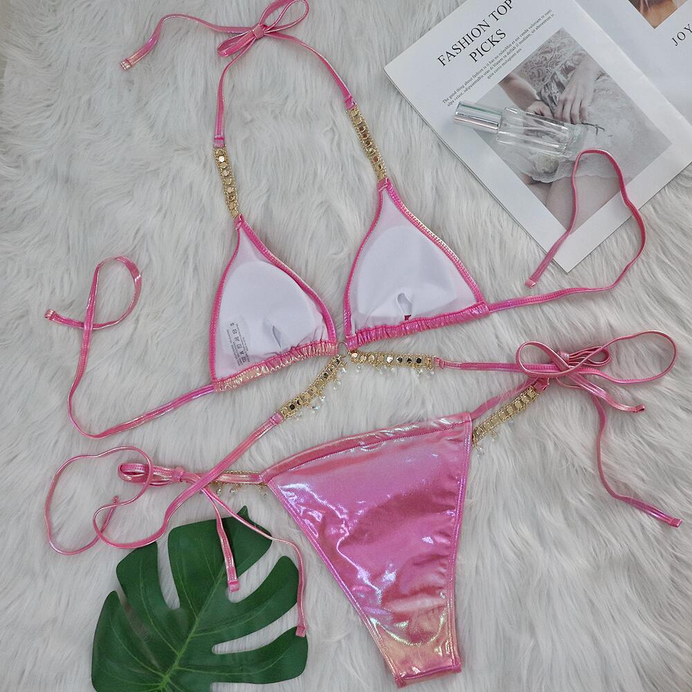 Crystal Diamond Bronzing Strap Bikini Set
