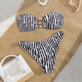 Black White Striped Printed Tube Hollow Out Cutout Out Bikini Top
