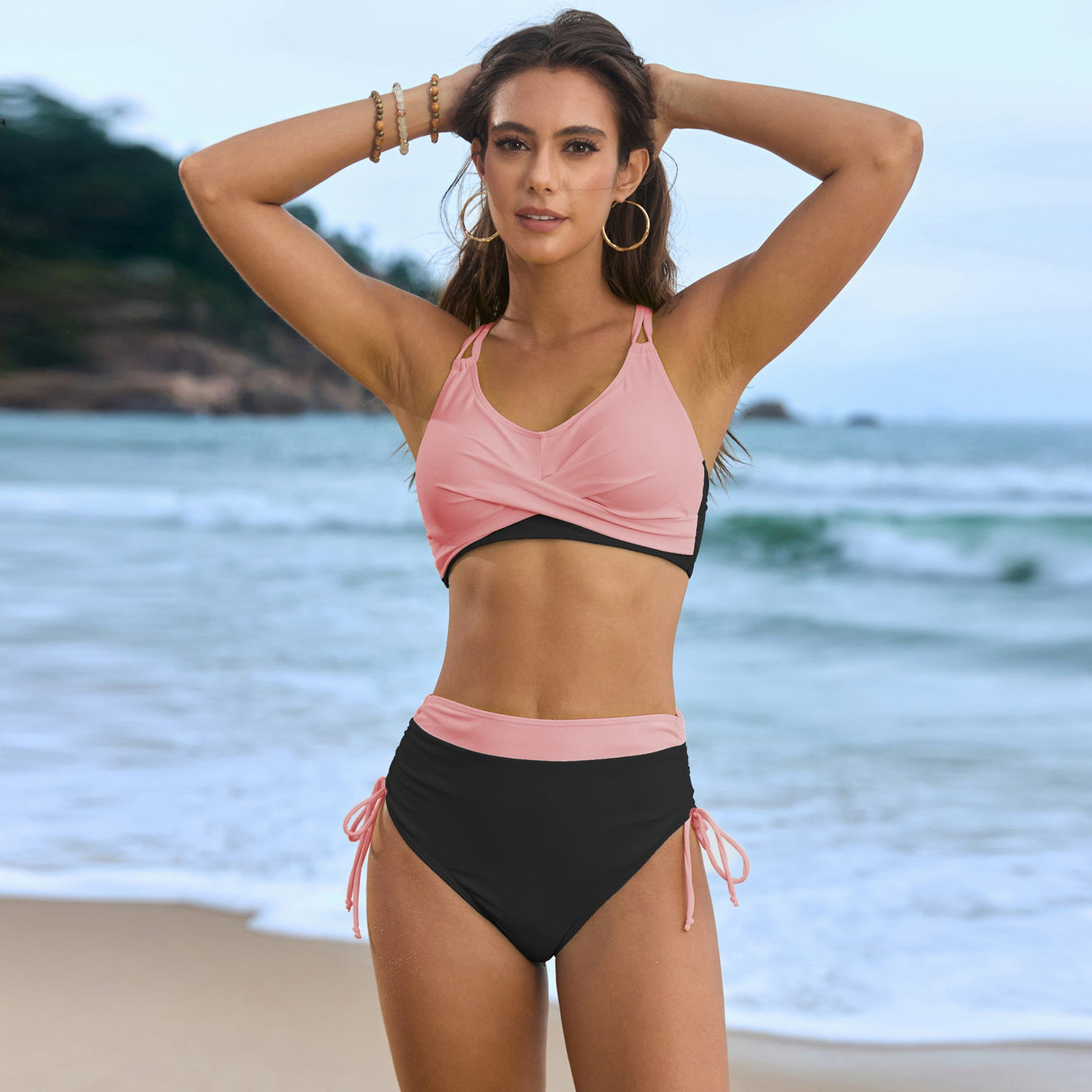 Solid Stitching Lace Cross Bag Bikini Set