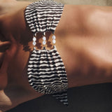 Black White Striped Printed Tube Hollow Out Cutout Out Bikini Top